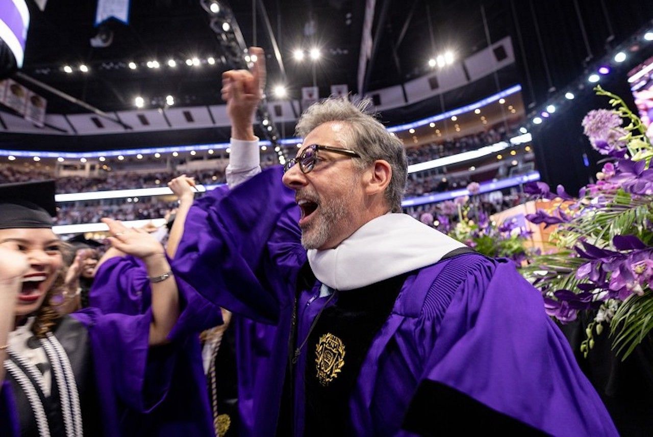 Steve Carell's mid-speech dance break to That’s Not My Name by Ting Tings, during his commencement address. (Image via news.northwestern.edu)